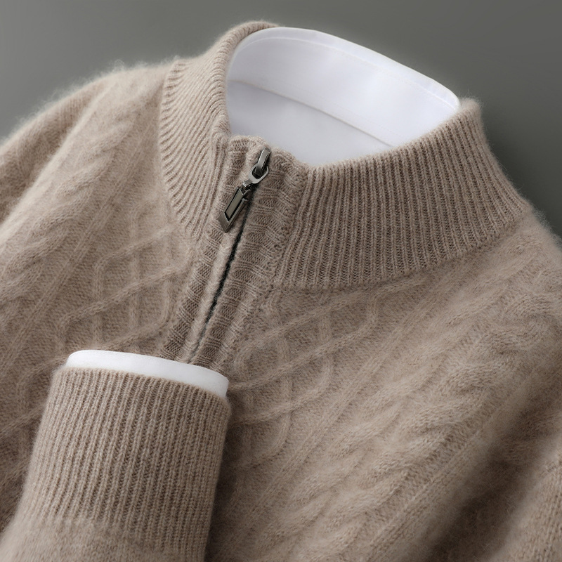秋冬新款纯羊毛衫男士半高领提花加厚毛衣外套宽松针织半拉链上衣