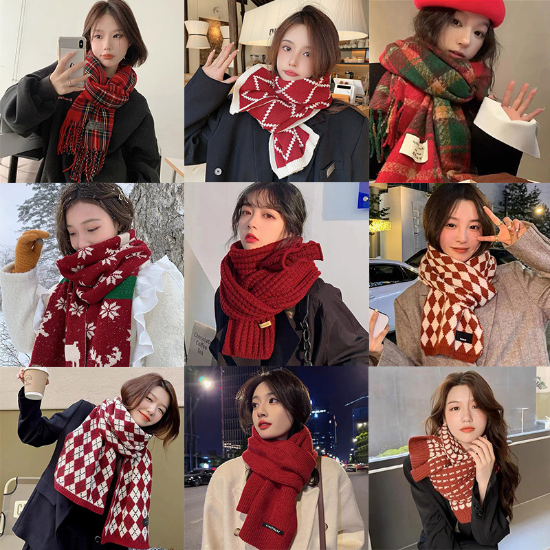 One-piece delivery of Christmas and New Year red new style scarves for women, winter Korean style, versatile, warm, thickened knitted woolen, gift-giving, checkered scarves, wholesale from street stalls