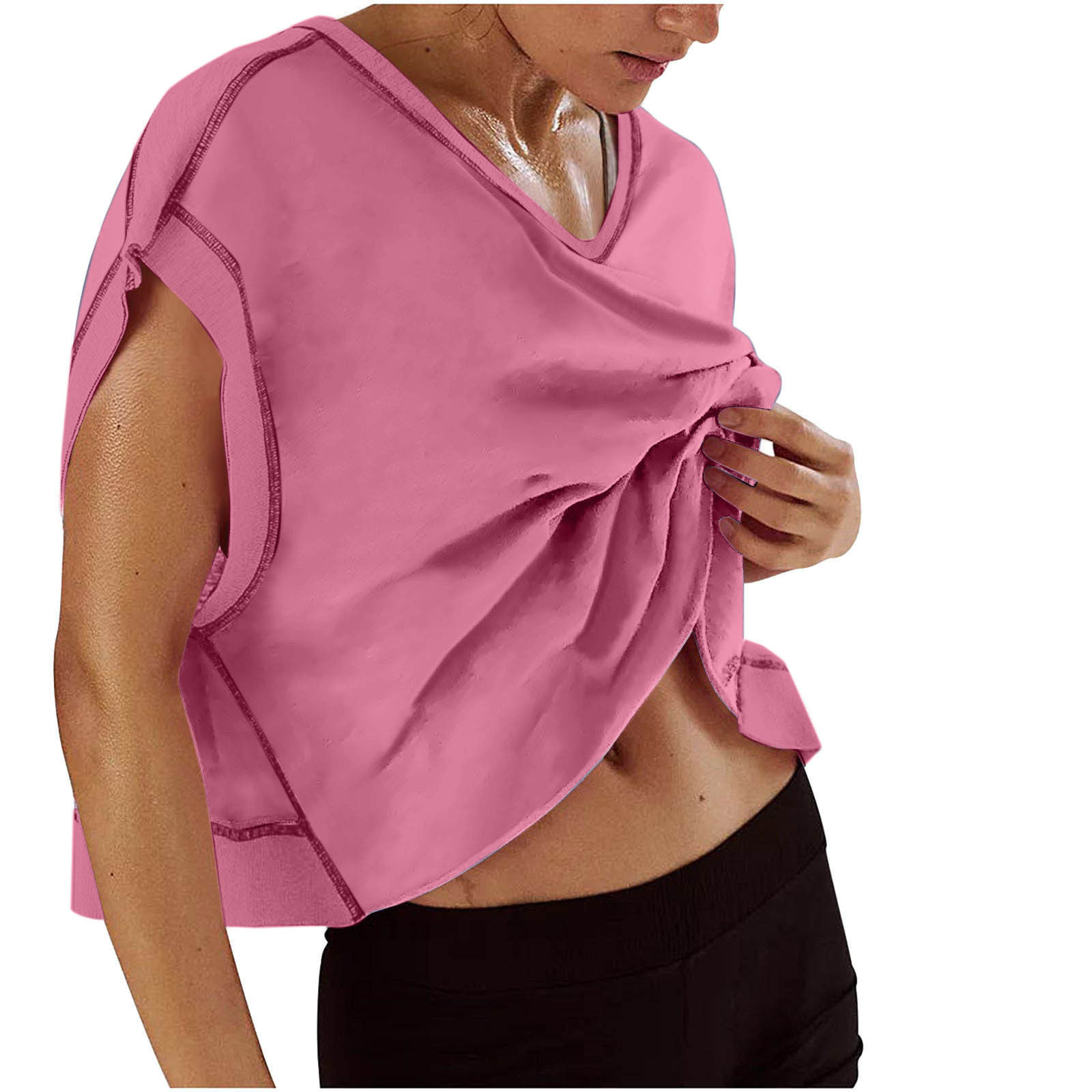 2026 Cross-border Amazon Women's casual loose solid color V-neck sporty backless hollowed-out Yoga T-shirt details Picture