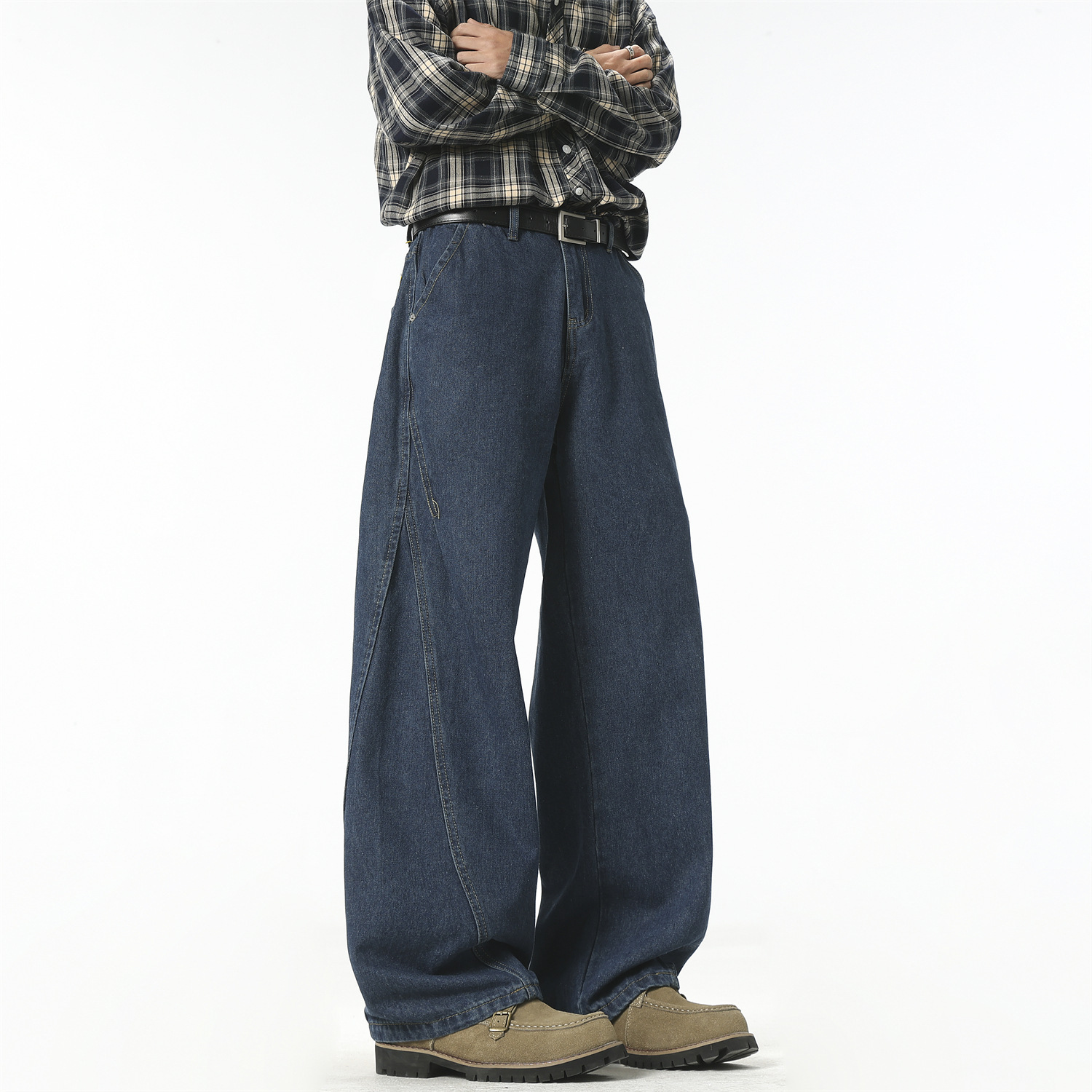 Custom-made 2026 Spring new denim blue jeans for men, American streetwear brand, retro scimitar pants, straight-leg trousers