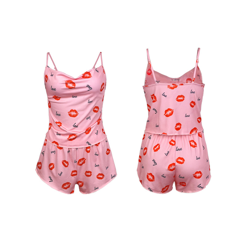 Feiyun's new cross-border printed sexy halter shorts set, romantic underwear, fashionable bestsellers, home wear 593 Item Picture