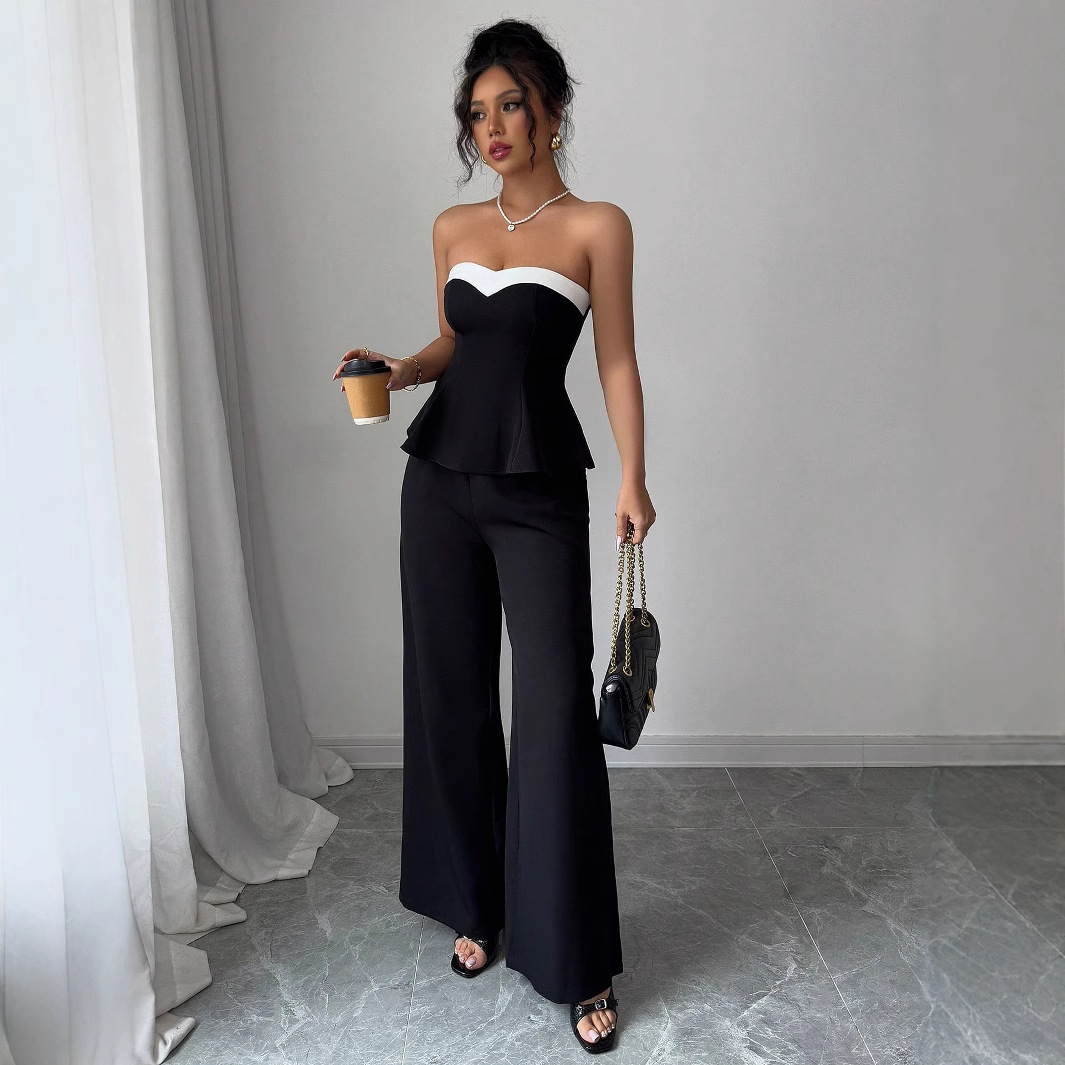 Cross-border Amazon Women's clothing 2025 Spring/Summer Vacation style European and American style spliced off-the-shoulder, backrest, wide-leg long pants set Application Scenario
