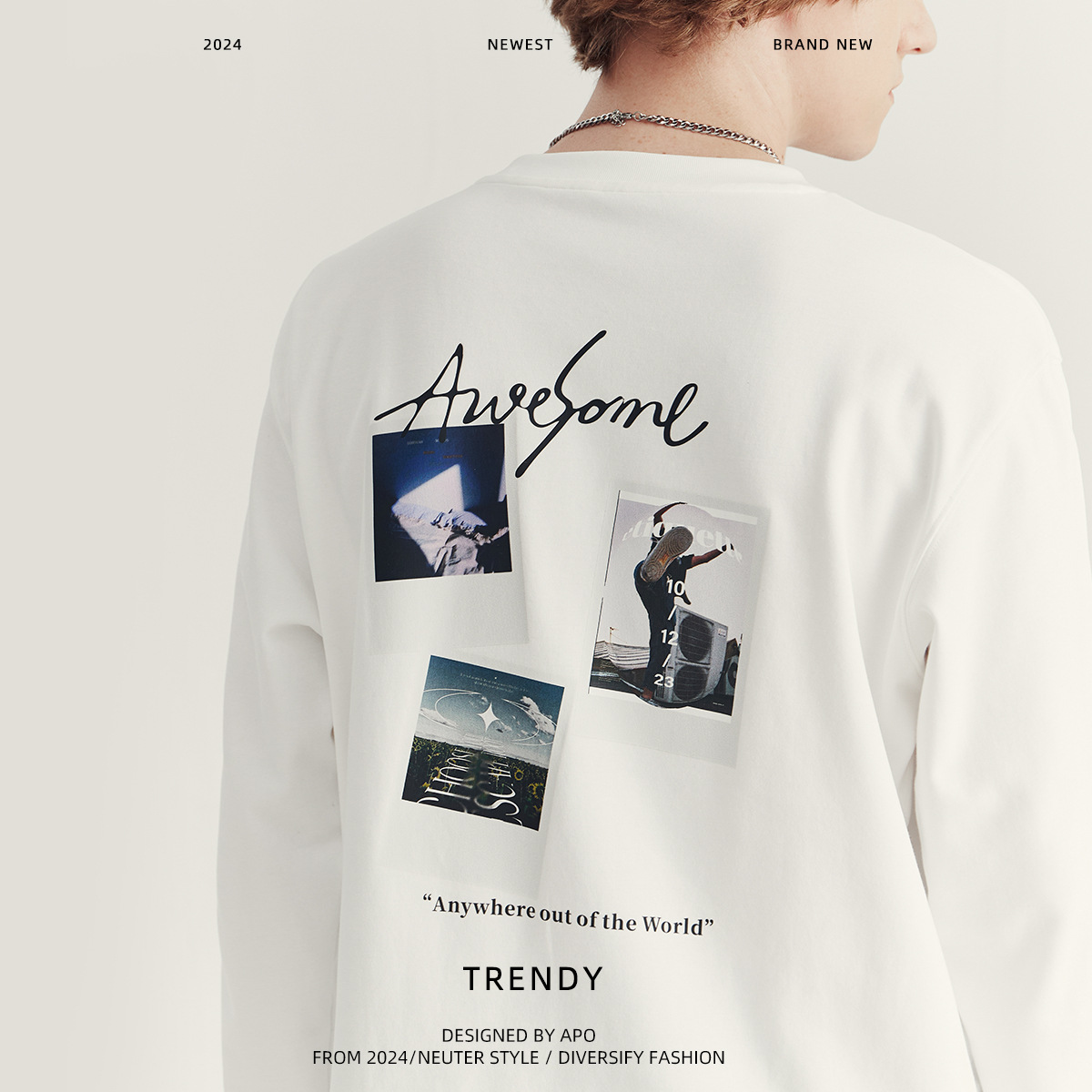 APO Men's Wear: 2024 Autumn New printed long-sleeved T-shirt, a trendy men's wear brand with a loose round neck and comfortable base layer Specification image