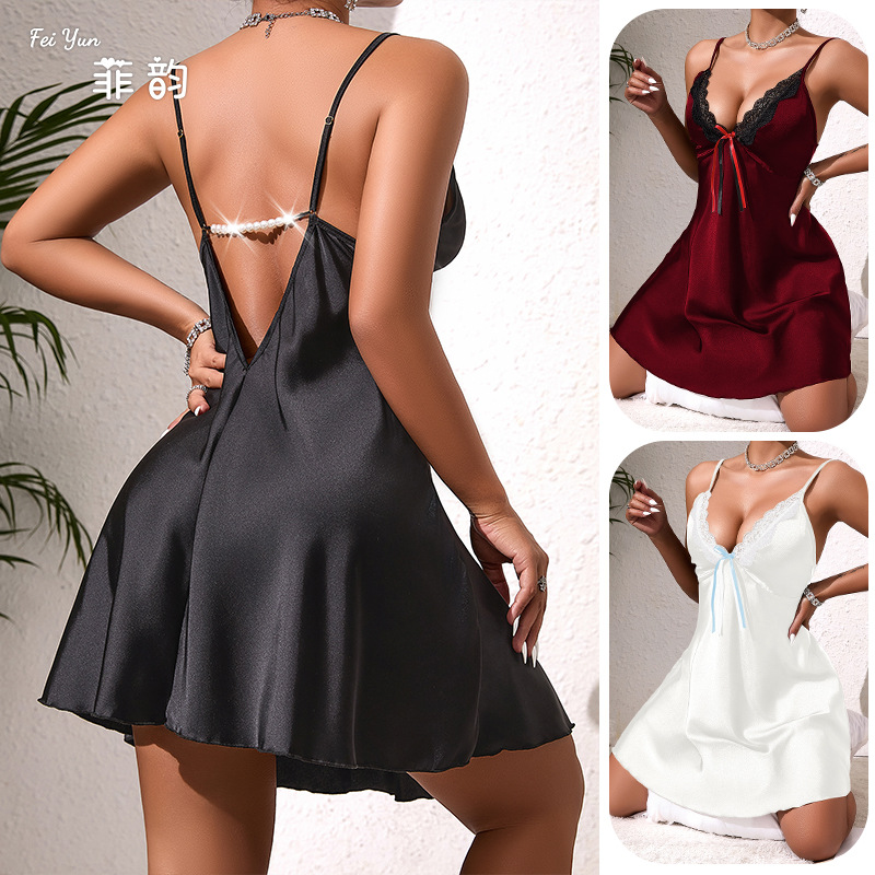 蝴蝶结珍珠吊带睡裙 多色可选 仿真丝性感露背睡裙厂家直供882