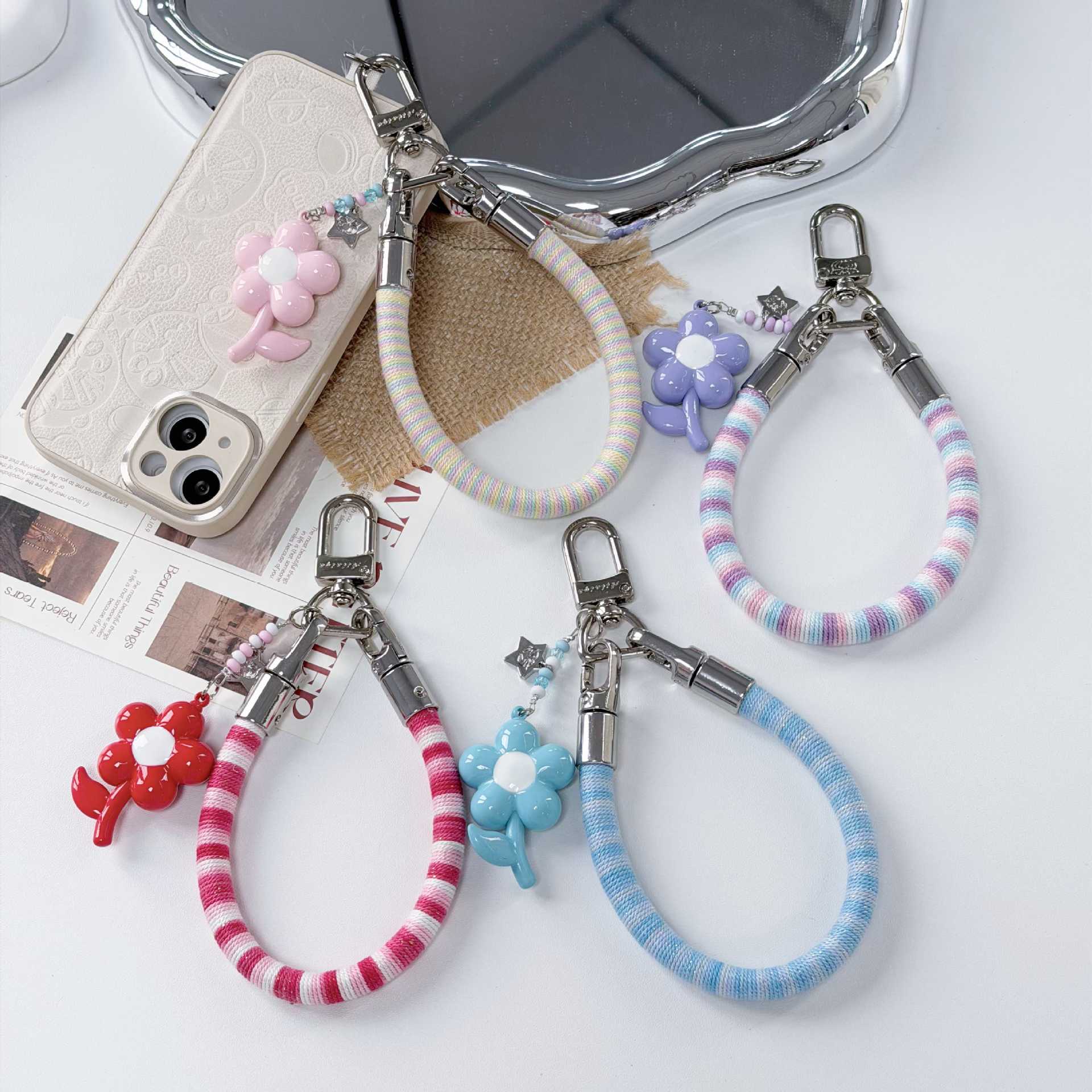 Cotton loop woven mobile phone lanyard, bracelet, small flower pendant, cute and versatile lanyard, bag pendant, anti-loss and firm Specification image