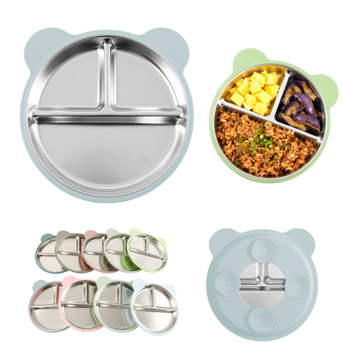 食品级硅胶不锈钢304儿童餐盘20CM分隔式带吸盘防摔卡通熊猫餐盘详情图1