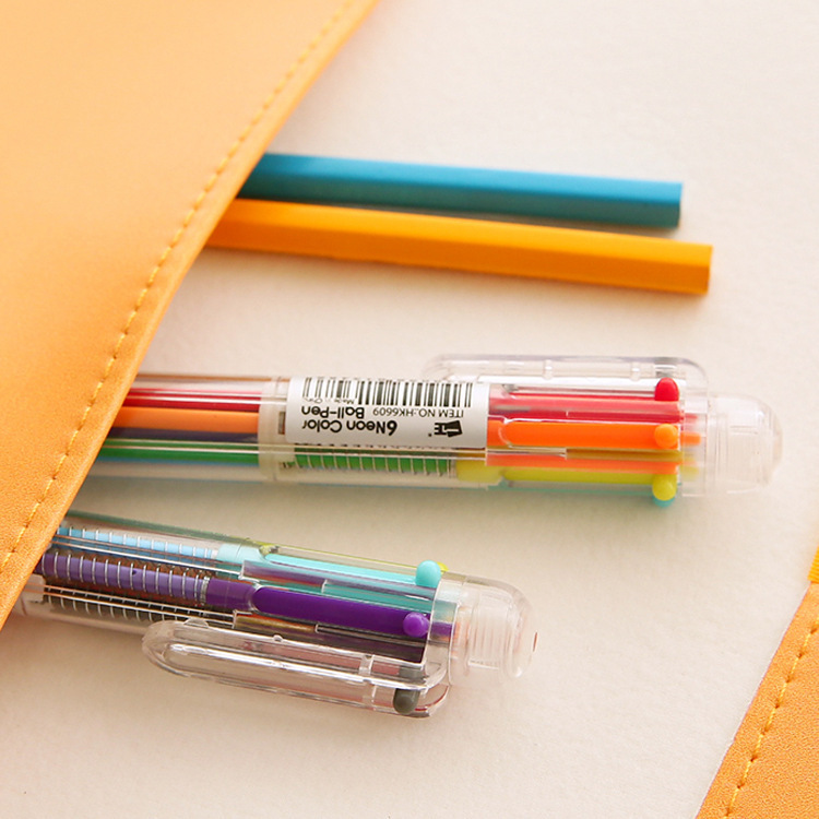Wholesale of colorful and cute plastic creative transparent six-color ballpoint pens, multi-color pens, all-in-one gel pens Specification drawing