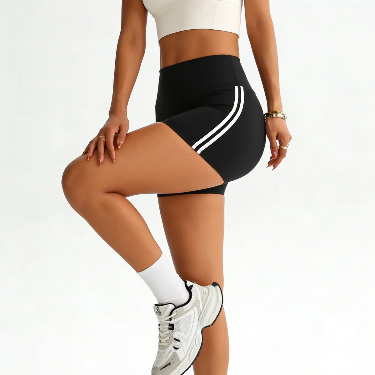 Stretchy High Waist Skinny Stripe Shorts Soft Tight striped shorts for women full figure