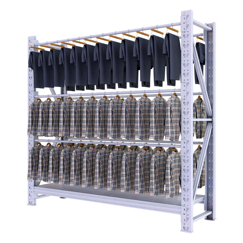 Jinshuo 100KG light-duty shelf for storage, two-layer clothing warehouse storage rack, floor-standing round pipe display rack for clothes Item Picture