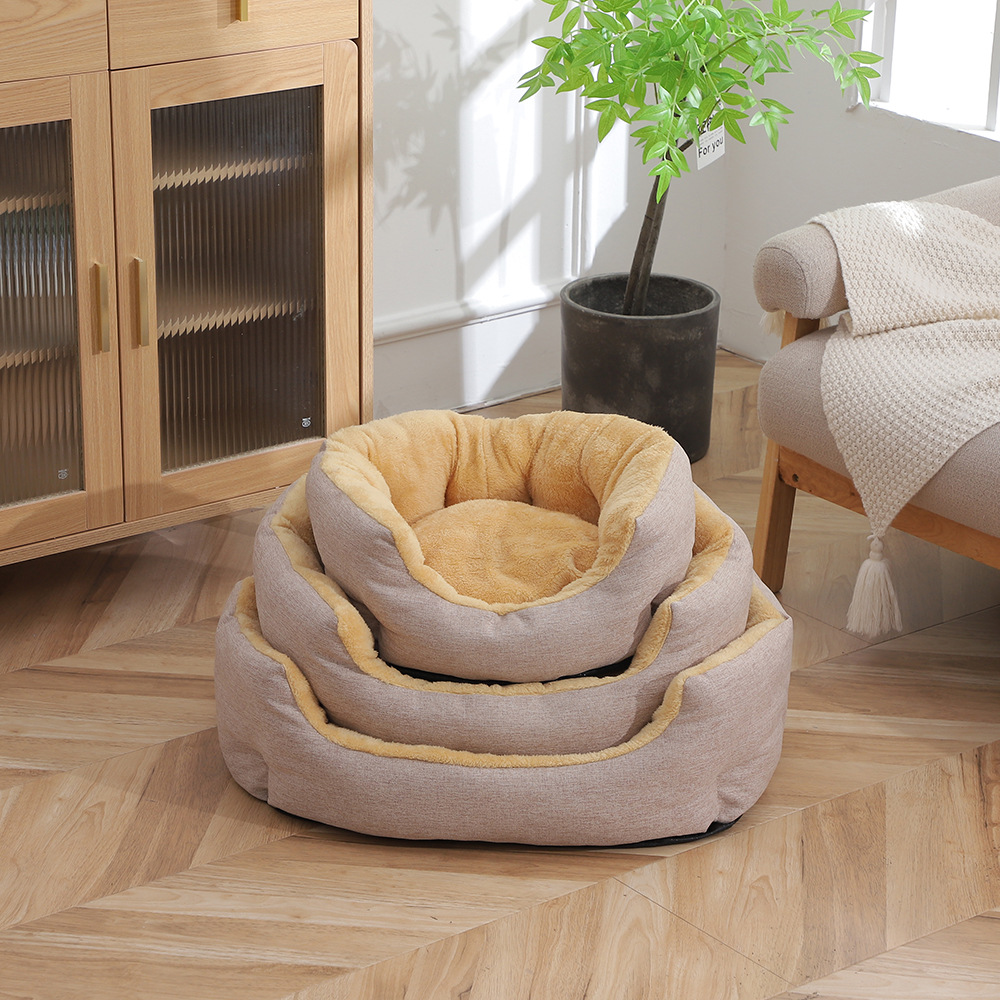 A cute plush cotton and linen octagonal dog bed with thickened fleece for pets in winter. It's a winter cold-proof pet bed for your home details Picture