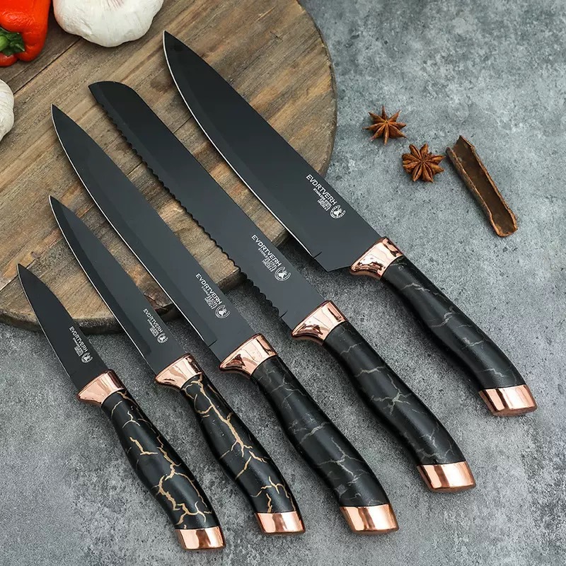 Cross-border best-selling stainless steel double electroplated head marble-patterned belt rotating base nine-piece household kitchen knife set Application Scenario