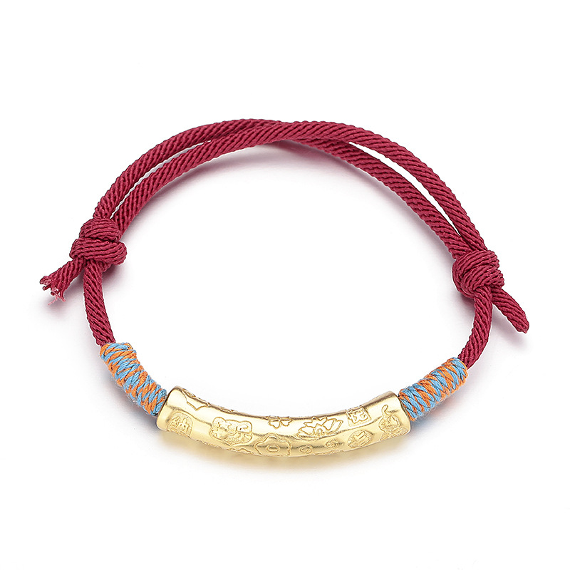 The red string bracelet is creatively woven for peace and joy. It is a copper gold-plated six-character mantra with auspicious words and a red sand Chinese style Item Picture