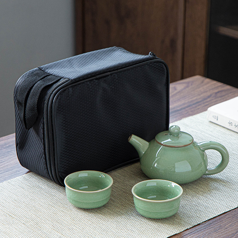 Ru Kiln Ge Kiln Kung Fu Tea Set, portable bag, one pot, four cups, Ceramic travel tea set, gift logo details Picture