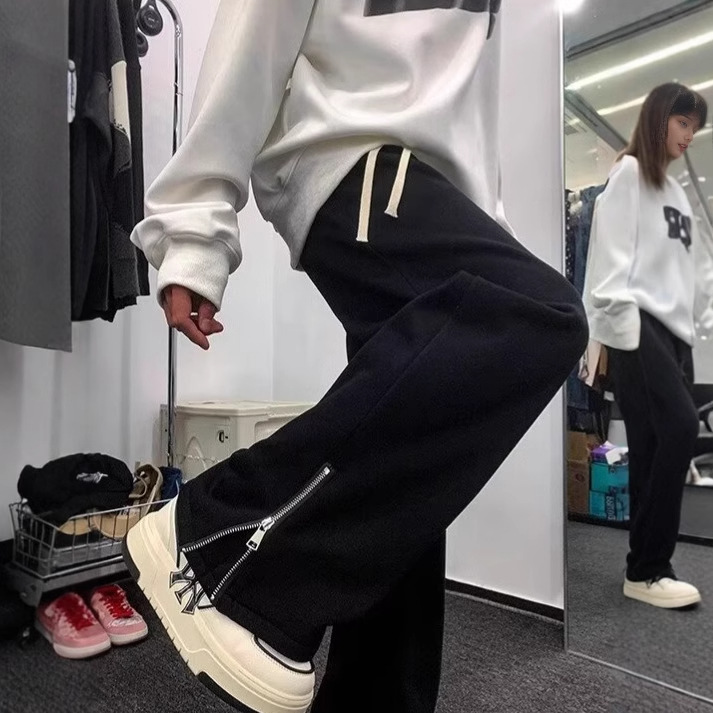 American street trend sweatpants for men in Spring/Autumn 2025: Trendy zipper split pants, wide-leg straight loose casual trousers details Picture