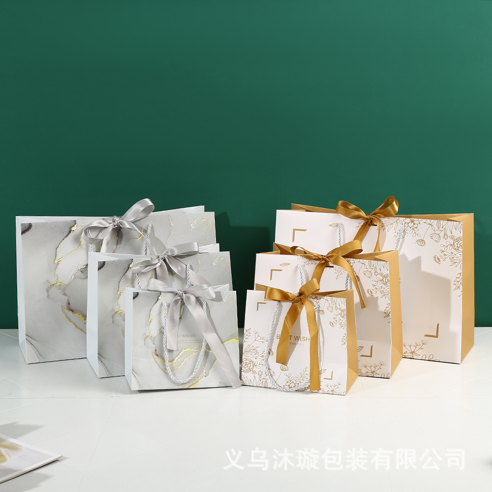 Gift packaging bags, gift bags, bow, clothing store packaging bags, marble-patterned hand-held gift bags, logo printing Specification image