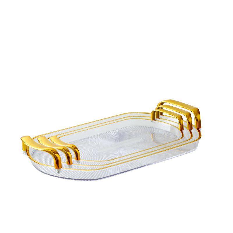 PET轻奢托盘水杯塑料茶盘透明ins水果盘透明金边收纳盘白底实物图