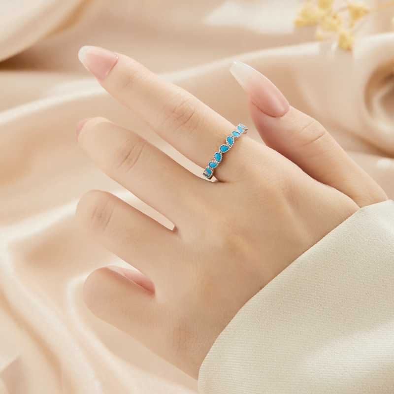 Francés ligero lujo azul turquesa corazón anillo abierto aleación de cobre con zirconia anillo de dedo índice ajustable niche anillo de dedo versátil details Picture