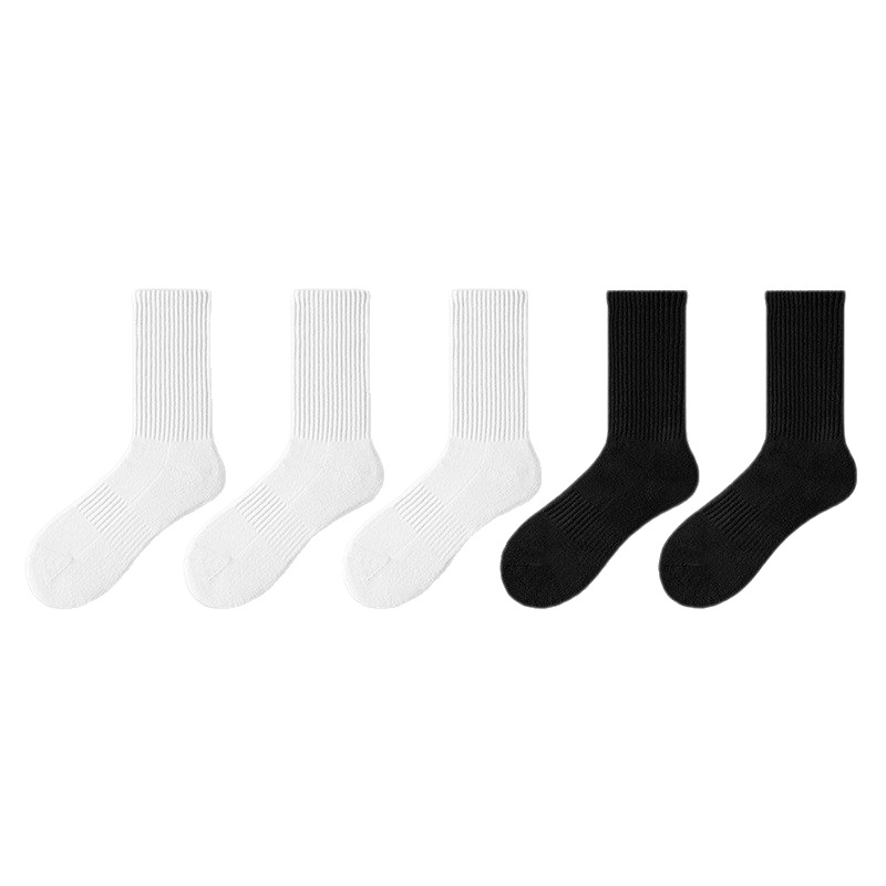 All-cotton sports socks for men, pure cotton anti-odor autumn and winter thick mid-calf black and white sports towel bottom long calf socks Item Picture