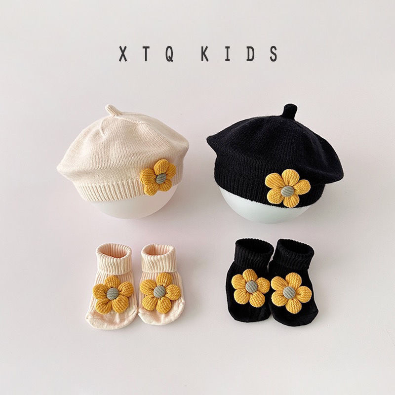 婴儿贝雷帽子秋冬季可爱超萌婴幼儿童蓓蕾女宝宝公主帽子袜子套装