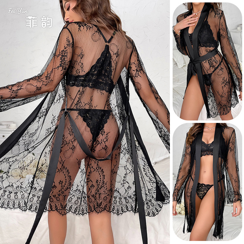 Feiyun Cross-border Sexy Net Gauze bathrobe Lace Lace Seductive See-through Pajamas Women's outerwear Home Wear wholesale 512