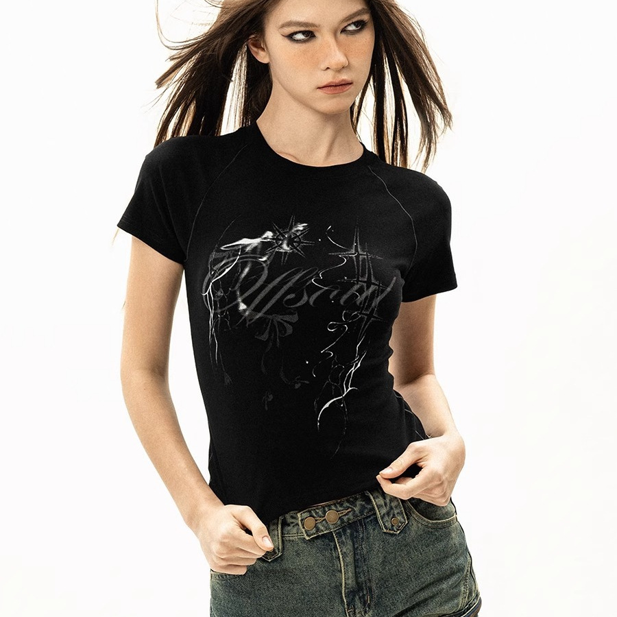 American retro aged shoulder sleeve short spice girl top 2025 summer new ins jazz dance short-sleeved T-shirt for women Specification drawing