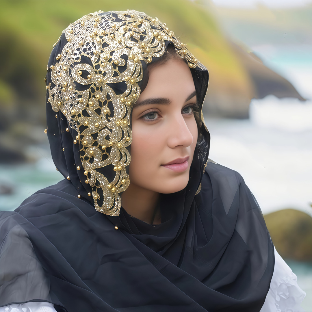 Headscarf, Dubai women's hot diamond plum blossom long scarf, gauze scarf clothing, chiffon travel long scarf hat, breathable cross-border details Picture