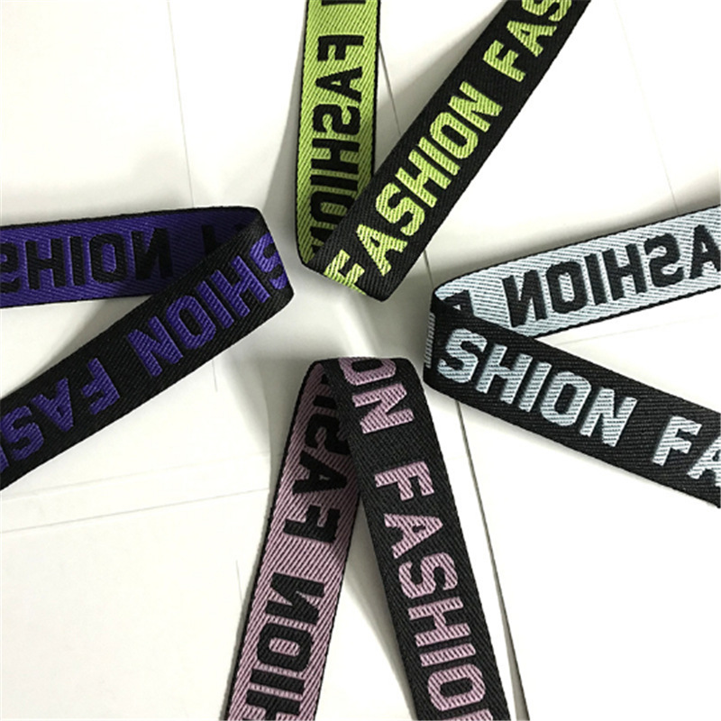 Black woven tape with text patterns, ribbed tape, ribbon woven tape, gradient scallion pink gauze tape Item Picture