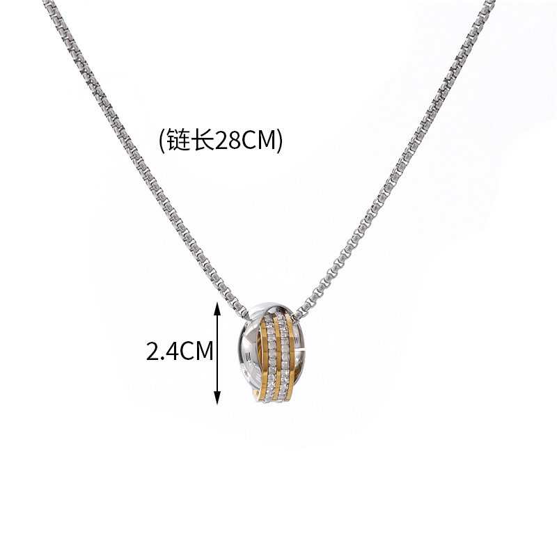 A new cross-border stainless steel double-ring diamond necklace for men from Europe and America, featuring interlocking diamond inlays and titanium steel wool Item Picture