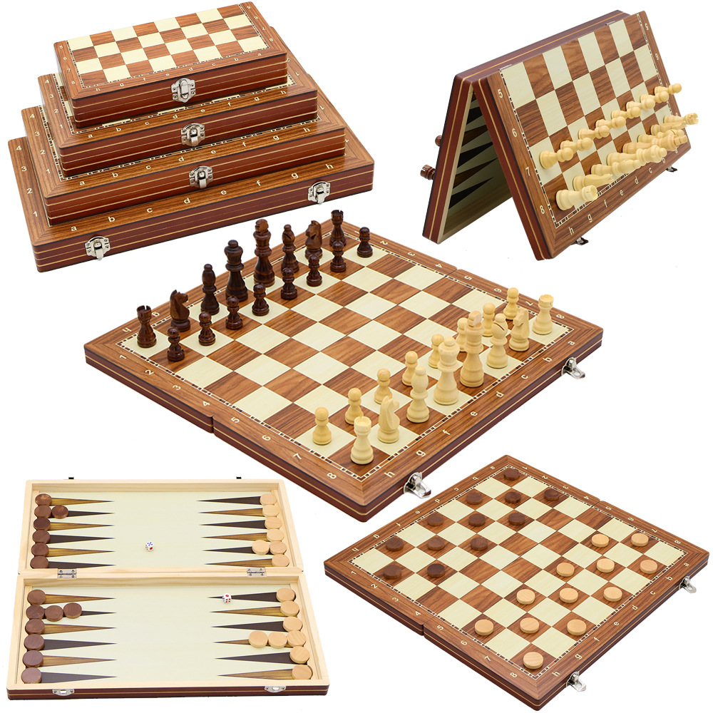 New wooden magnetic chess 3-in-1 set Portable foldable puzzle and competitive board game toy for direct sale