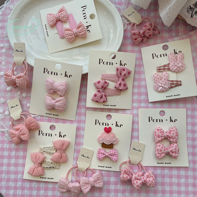pom.kr's new Korean-style sweet and gentle pink checkered bow hair clip, children's fabric side wavy bangs clip for girls, pom.kr details Picture