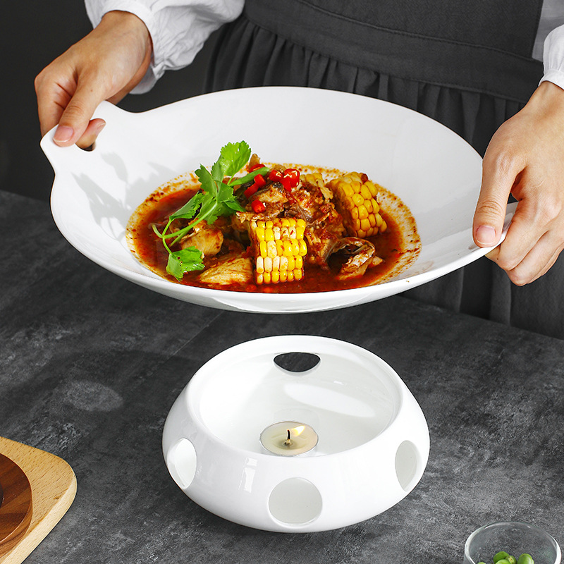 Insulated dish set, heated ceramic stove base, double-ear small stir-frying plate, candle heating, pure white hotel tableware