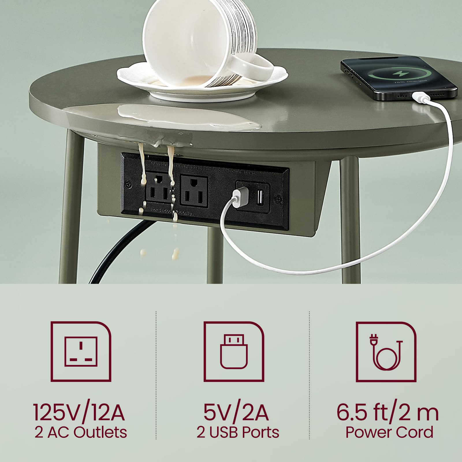 The high-end pink, white and green coffee table beside the tea table is equipped with a storage basket for storage. It is a multi-functional tea table with a charging socket details Picture