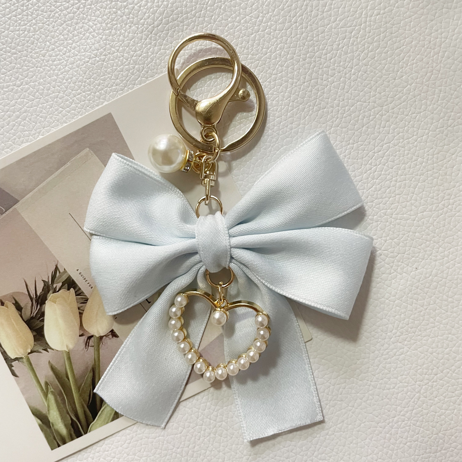 韩版珍珠丝带蝴蝶结爱心汽车钥匙扣挂件个性女包包装饰手提包挂饰                              产品图