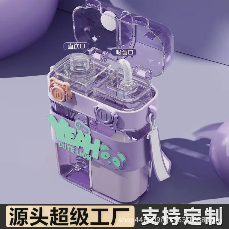 分格大容量双饮杯儿童水杯学生带吸管喝水杯卡通户外随身杯水壶