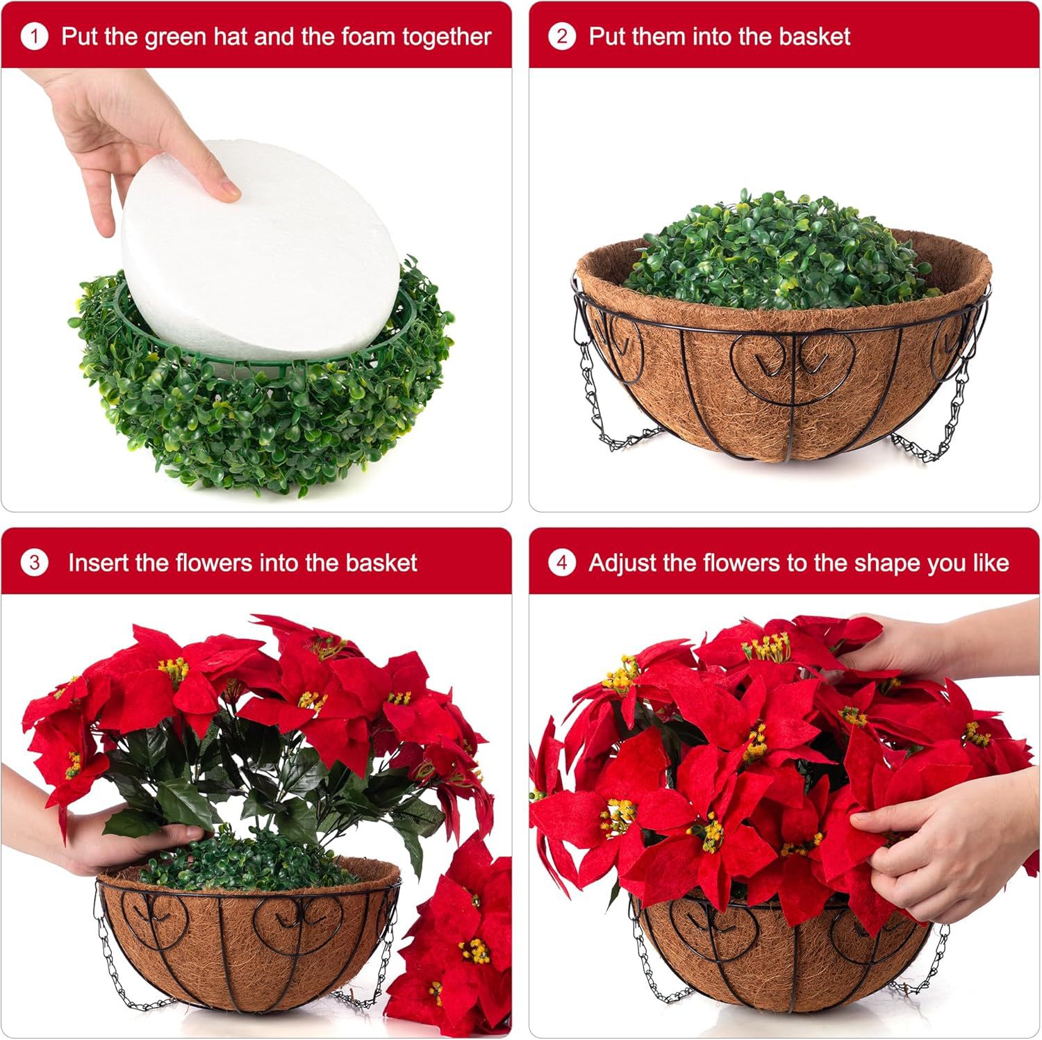 一品红仿真圣诞花吊篮圣诞花环装饰品 节日门口百合铁艺花篮挂件细节图