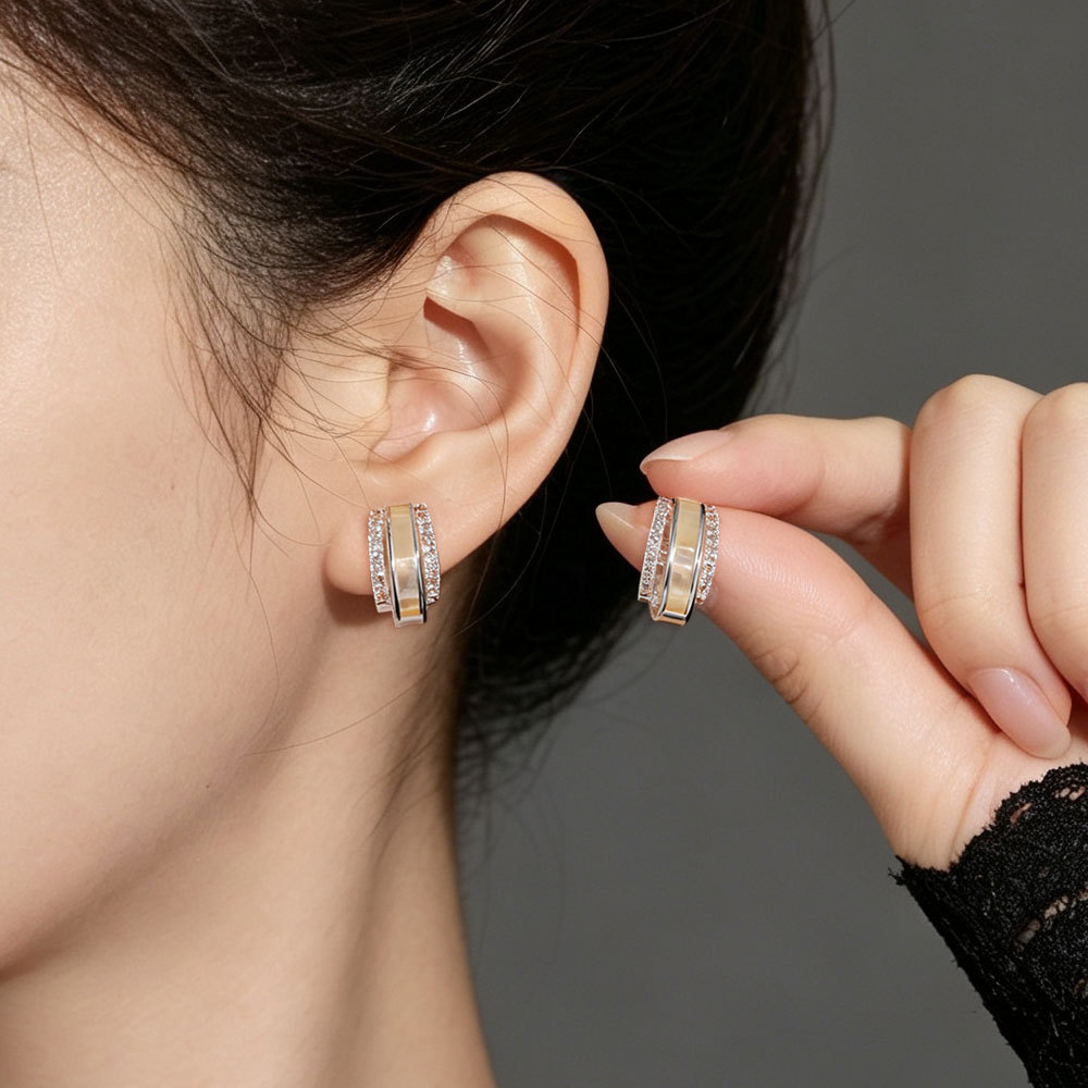 French light luxury mother-of-pearl C-shaped semi-circular ear stud copper alloy micro-inlaid zircon s925 silver needle women's earrings from the source factory details Picture