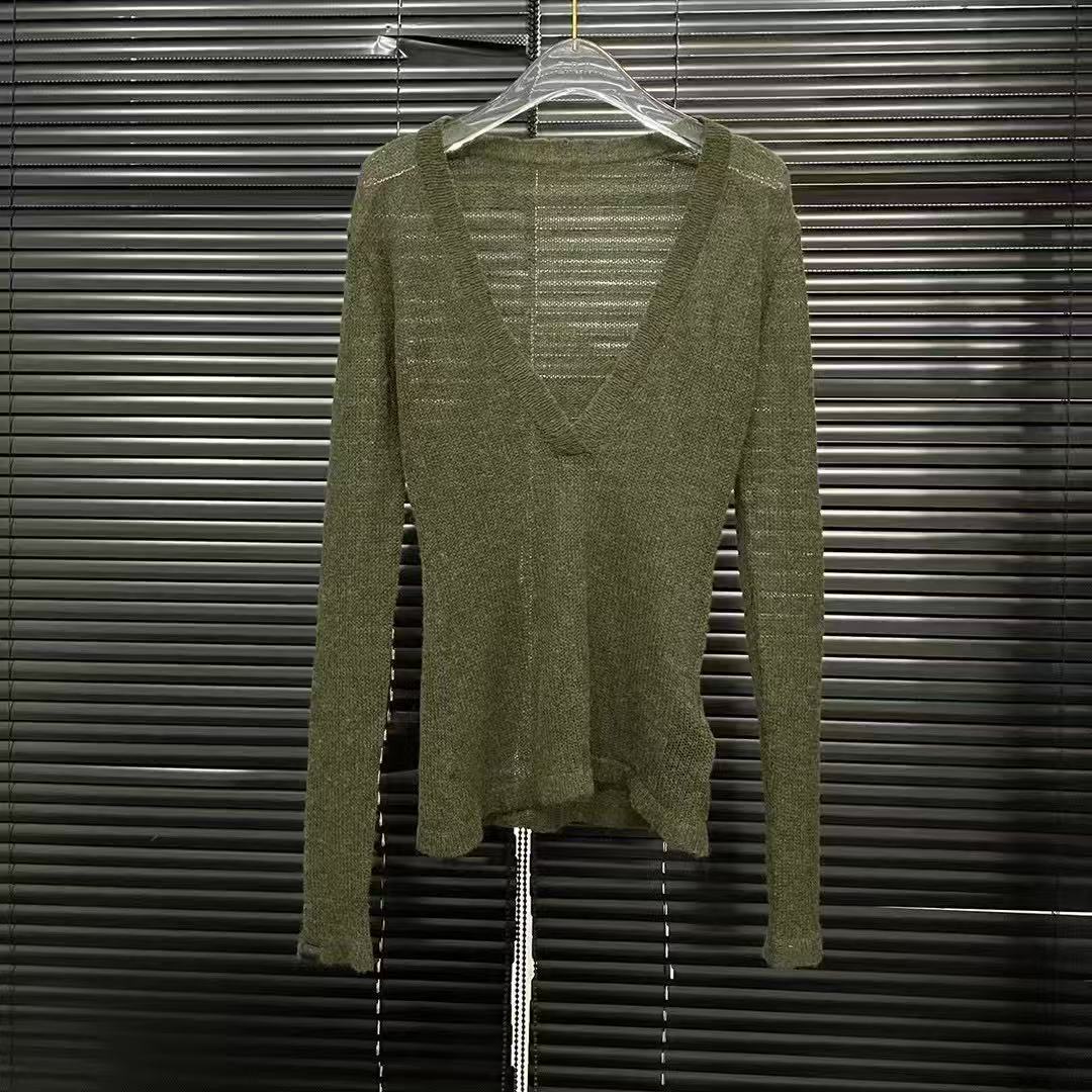Casual V-neck thin, slightly transparent long-sleeved knitted sweater for women, a unique and versatile layering top for spring and summer Specification image