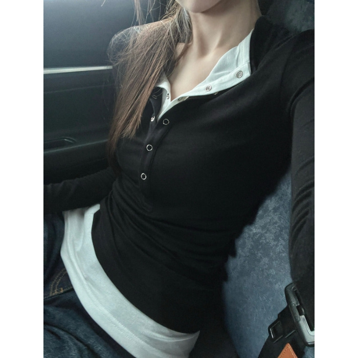 黑色拼接女性上半身衬衫简约时尚百搭修身设计感白底实物图