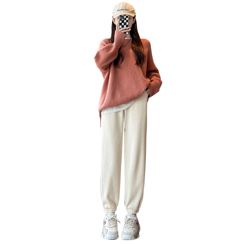 Pink corduroy pants for women's autumn and winter 2025 new style radish pants, tight-fitting nine-inch sportswear pants, casual and fleece sweatpants Item Picture