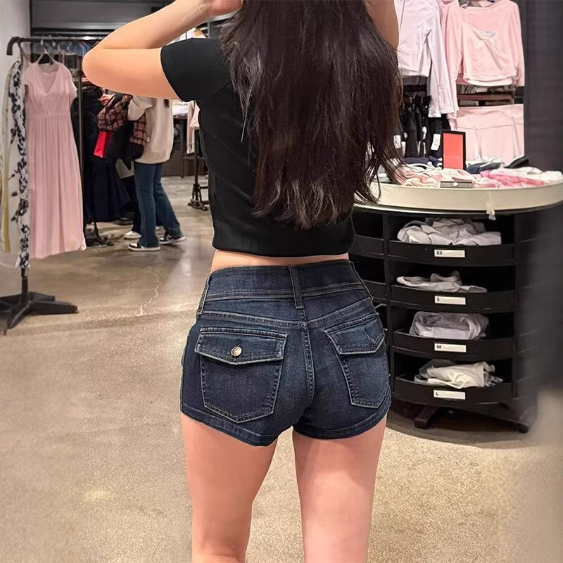 美式复古辣妹低腰蓝灰色牛仔短裤女夏季新款紧身包臀弹力显瘦热裤