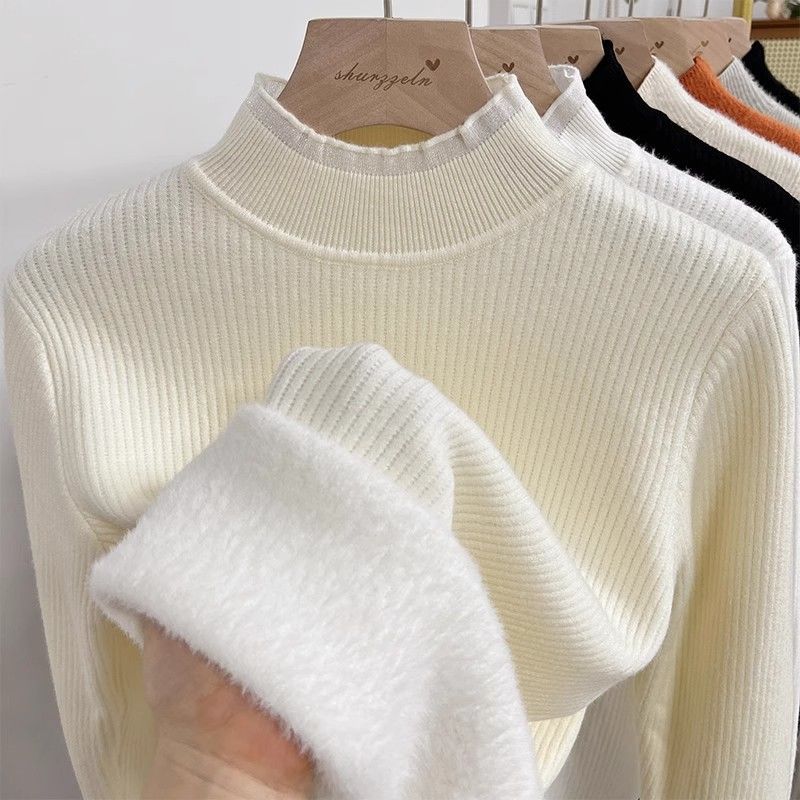 Autumn and winter semi-high neck with fleece lace one-piece fleece thickening 2024 new style black fungus knitted sweater base top sweater for women