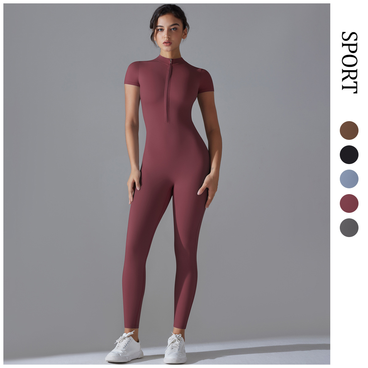 European and American nude zipper short-sleeved yoga suit one-piece suit, quick-drying breathable outdoor sports tight one-piece suit, fitness suit details Picture