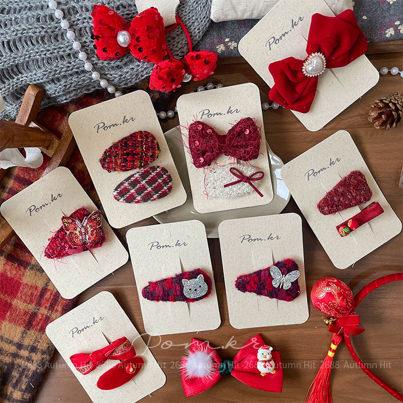 新款韩版布艺红色系蝴蝶结发夹手工儿童侧边碎发刘海夹新年款发饰红系毛呢亮片发夹 蝴蝶结猫蝶雪人装饰 少女秋冬精致女孩头饰