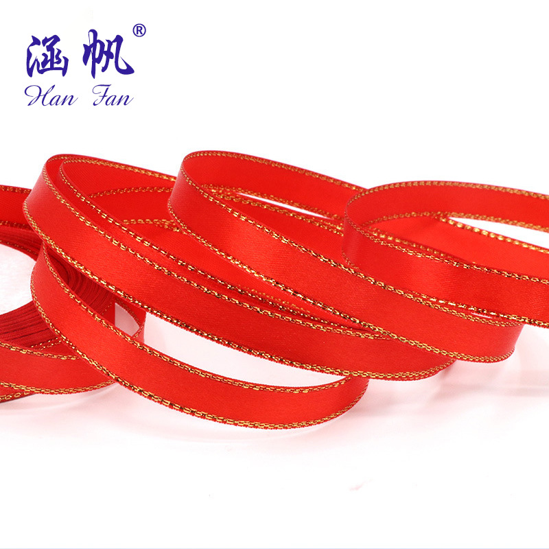 DIY Golden border red ribbon, red silk ribbon, car red ribbon, red satin ribbon wholesale, packaging color ribbon, wedding ribbon, fabric ribbon Item Picture