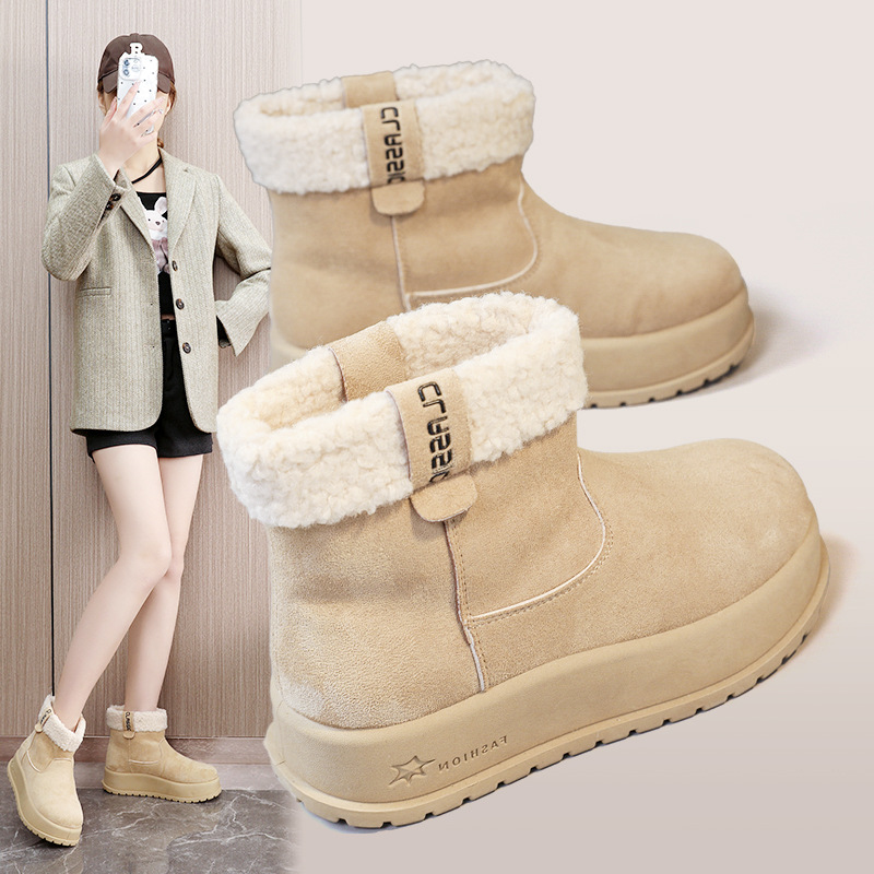 KT329圆头厚底雪地靴女2025冬季新款增高加绒加厚保暖棉靴短靴