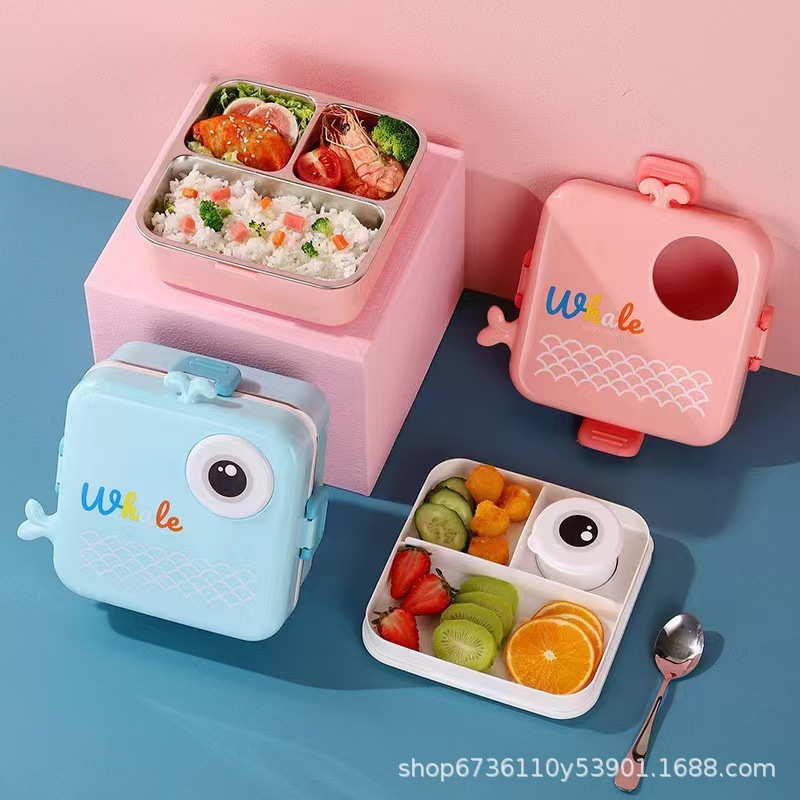 Cartoon cute stainless steel insulated lunch box with tableware, sauce box, compartments, sealed with lid, anti-scald and heat-insulating lunch box Cartoon cute stainless steel insulated lunch box with tableware, sauce box, compartments, sealed with lid, anti-scald and heat-insulating lunch box