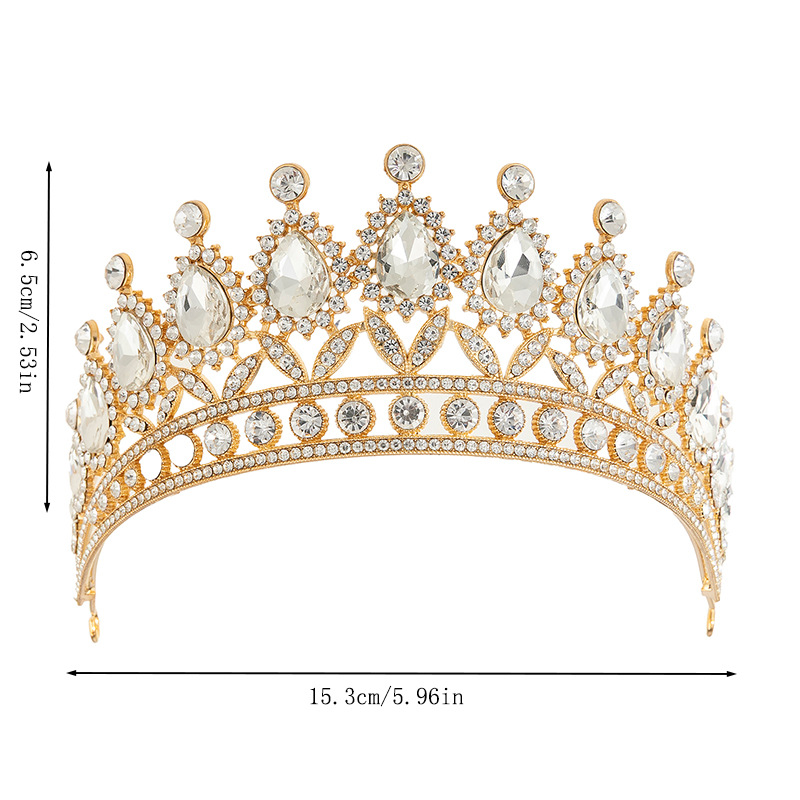 European and American high-end wedding accessories, luxurious tiara headwear, retro semi-round queen's water diamond alloy tiara wedding dress hair accessory, bride's tiara headwear Specification drawing