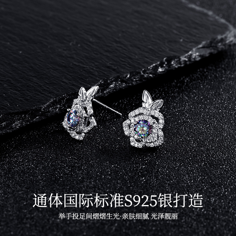 Zhuoheng Select S925 pure silver original Design Rose Double Leaf Full Diamond Mosang earrings with a light luxury and high-end feel Specification image