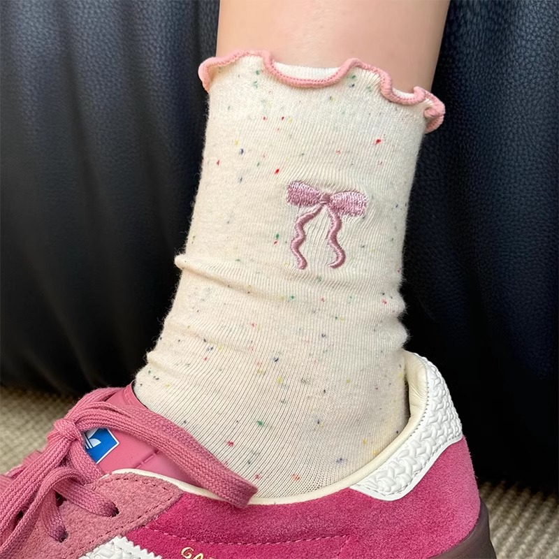 Bow socks, girls' pile socks, Japanese-style cute black ear-trimmed mid-calf socks, postpartum socks, lace long socks, autumn