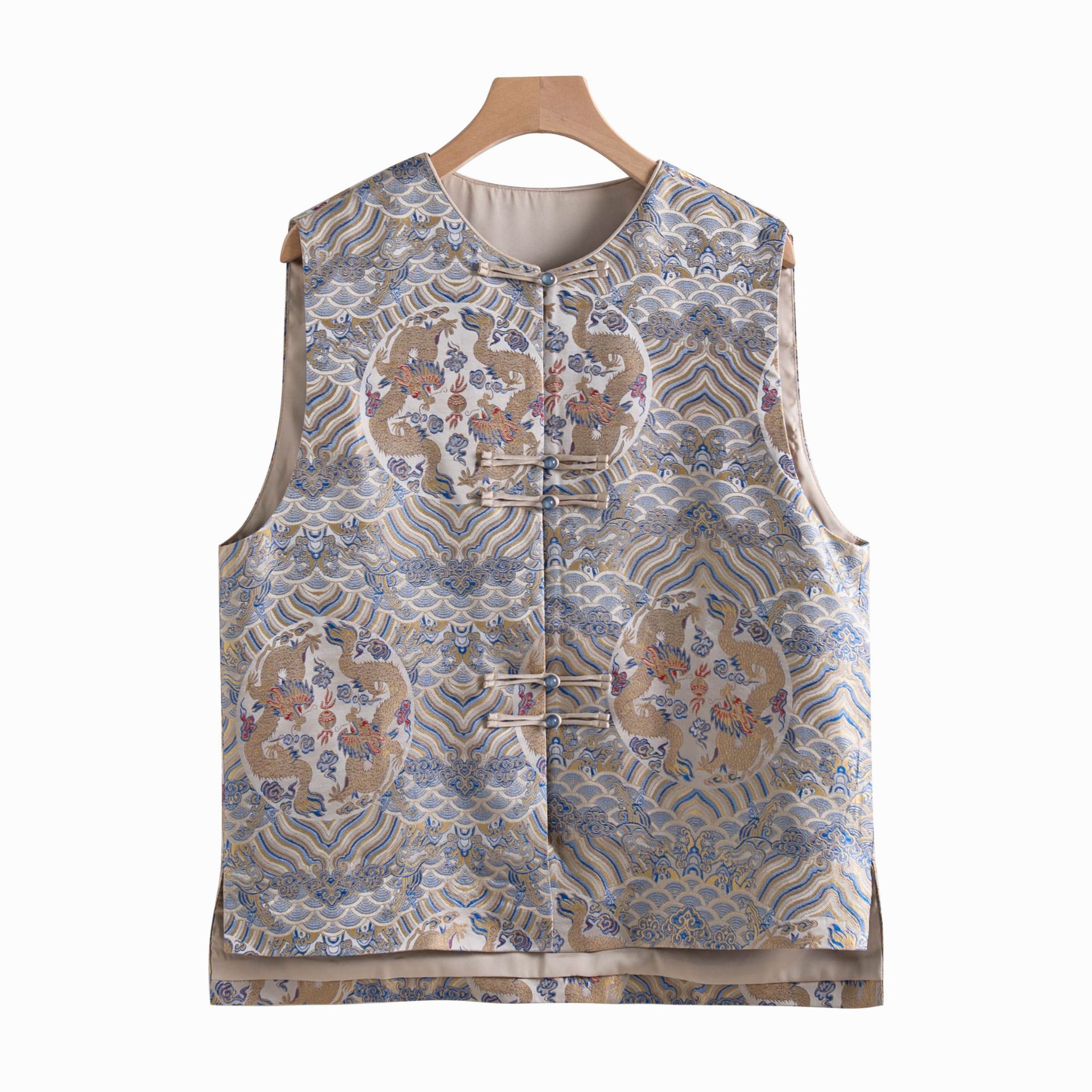 New Chinese-style improved new national trend button-up small stand-up collar jacquard brocade gold heavy industry embroidered vest jacket Item Picture